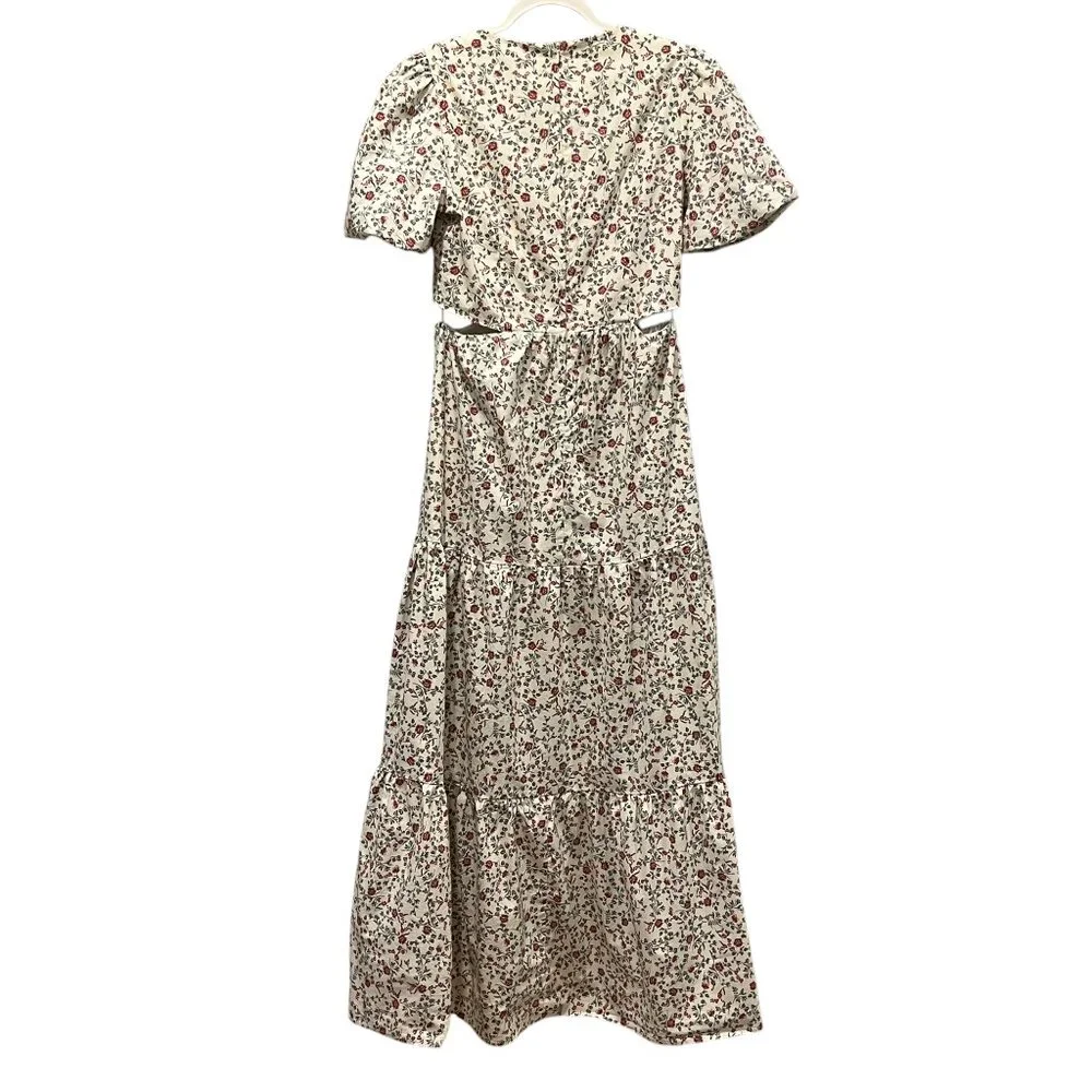 WAYF Tiered Floral Maxi Dress, Cream Blue Red, M